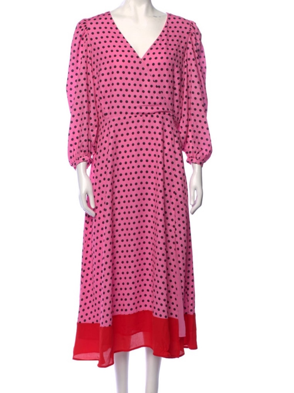 OLIVIA RUBIN Pink Polka Dot Midi Dress with Red Contrast Hem
